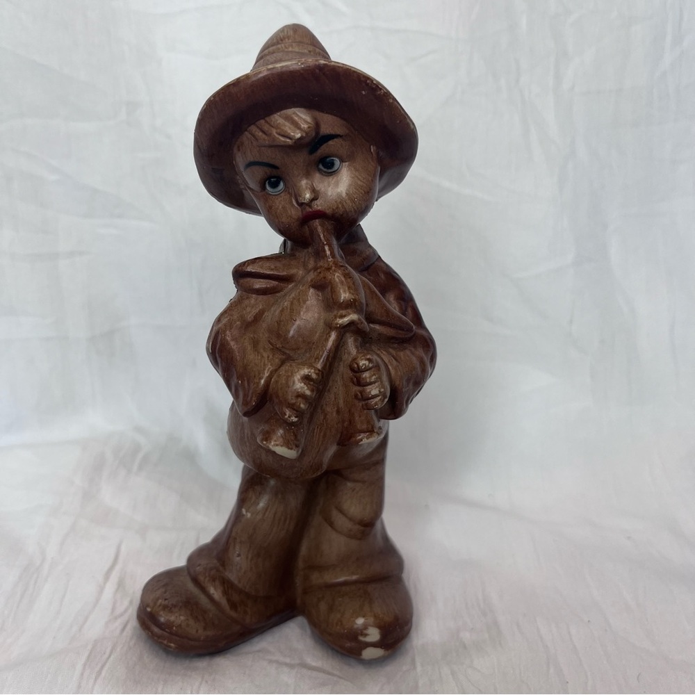 Vintage Boy Figurine Playing Bagpipe Made in Hong Kong Brown Faux Wood Composite